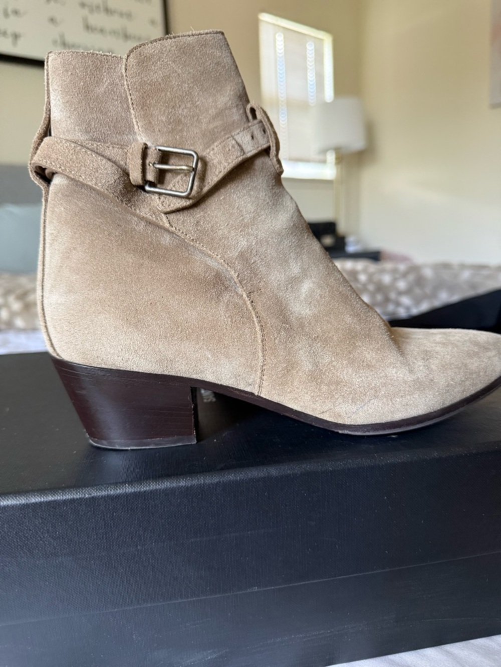 Saint Laurent Taupe Suede Ankle Boots with Buckle Strap - Picture 4 of 15